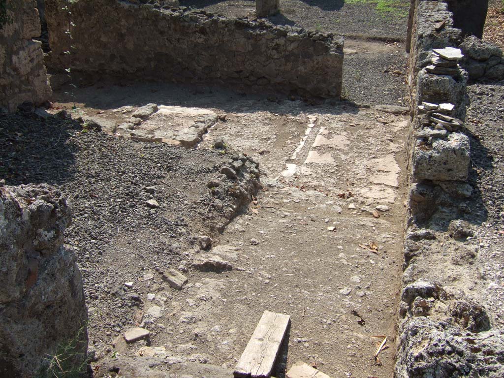 VI.11.17 Pompeii. September 2005. Looking west along floor of corridor. On the left would have been a cubiculum, room (9).
According to Jashemski and Fiorelli, the area in the upper left, connecting with the doorway, was a small courtyard of the workshop.
It may have had some potted plants.
See Jashemski, W. F., 1993. The Gardens of Pompeii, Volume II: Appendices. New York: Caratzas. (p.143)
See Pappalardo, U., 2001. La Descrizione di Pompei per Giuseppe Fiorelli (1875). Napoli: Massa Editore. (p.69)