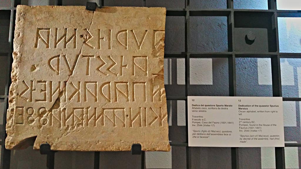 VI.12.2 Pompeii. Travertine dedication, written from right to left in Oscan alphabet. It reads –
“Spurius (son of) Ma(raius), quaestor, by decree of the assembly, had (this) made.”
Now in Naples Archaeological Museum, inv. 2544. Photo courtesy of Giuseppe Ciaramella, June 2017.