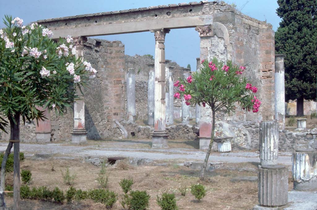 VI.12.2 Pompeii. August 1976. Looking north-west across first (middle) peristyle towards Exedra.
Photo courtesy of Rick Bauer, from Dr George Fay’s slides collection.