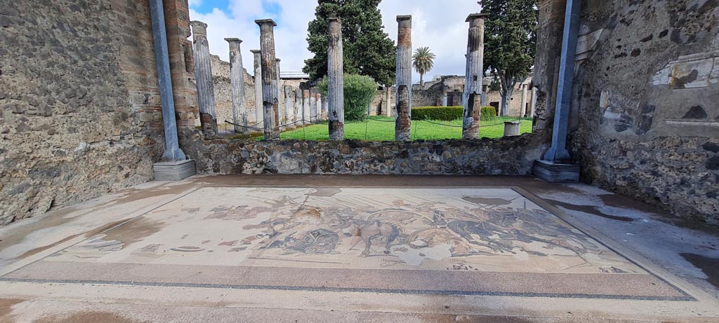 VI.12.2 Pompeii. April 2022.
Looking north across recreated Alexander mosaic in exedra towards rear peristyle. Photo courtesy of Giuseppe Ciaramella.