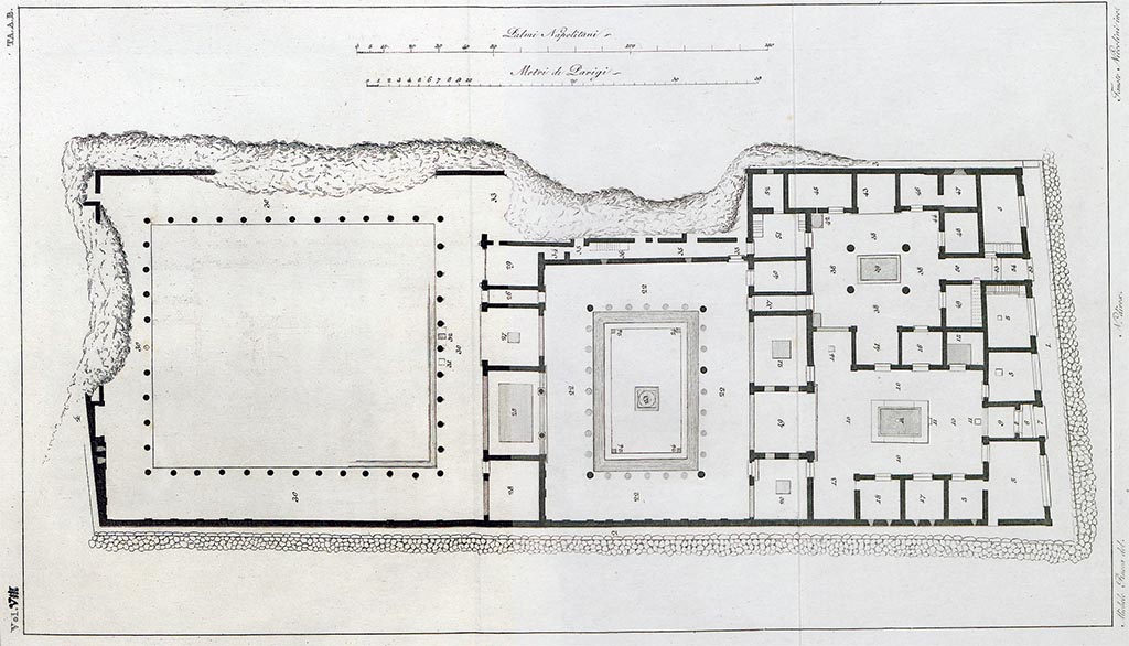 VI.12.5 Pompeii. 1832 plan by Michele Rusca, engraved by Fausto Niccolini.
See Bechi, G. Relazione degli scavi di Pompei. Da maggio 1831 fino a maggio 1832 in Real Museo Borbonico Vol. VIII, (Naples 1832), pp. 1-15, Ta. A.B.