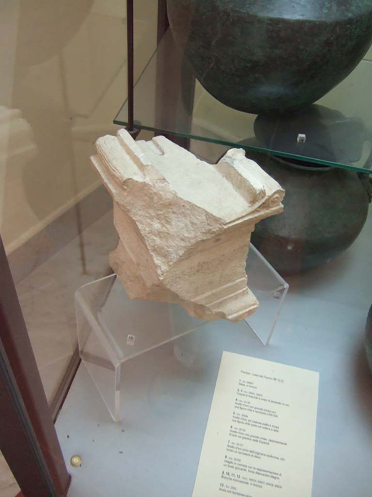 VI.12.5 Pompeii. Altar with Oscan inscription found in the atrium on 1st January 1831.
Now in Naples Archaeological Museum. Inventory number 2550.
According to Fiorelli, this altar carried the name of “Flora” to whom it was dedicated, and a fragment of an inscription with the name of the Maio(?) Purio.
See Pappalardo, U., 2001. La Descrizione di Pompei per Giuseppe Fiorelli (1875). Napoli: Massa Editore. (p.72, including a drawing of the inscription).
See Fiorelli G., 1862. Pompeianarum antiquitatum historia, Vol. 2: 1819 - 1860, Naples, p. 247