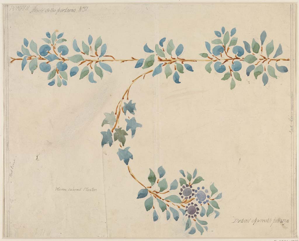 VI.12.6 Pompeii. c. March 1879.
Painting by Sydney Vacher, described as from Strada della Fortuna 51, detail from upper wall.
Photo © Victoria and Albert Museum, inventory number E.4381-1910.