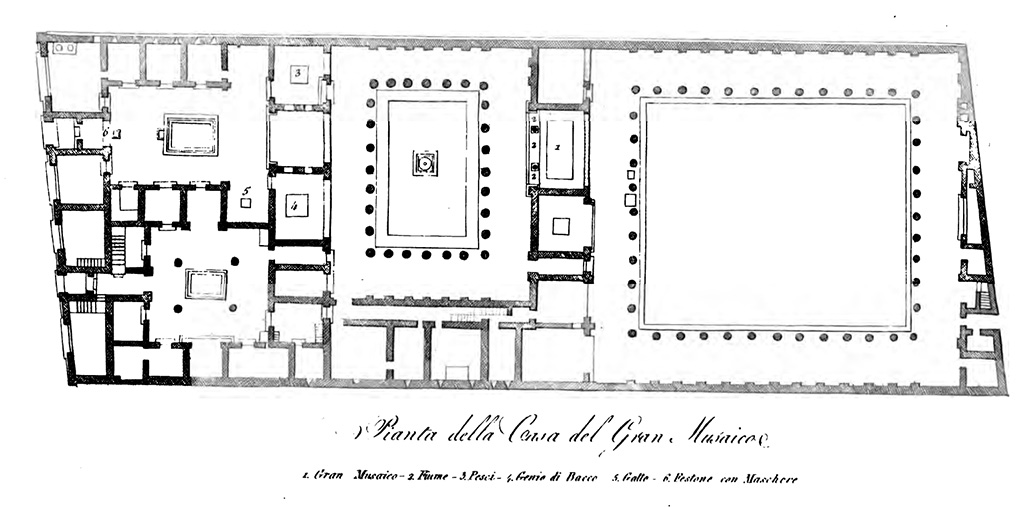 VI.12.5 Pompeii, lower left of plan, incorporated into VI.12.2.
See Raccolta de più belli ed interessanti Dipinti, Musaici ed altri monumenti rinvenuti negli Scavi di Ercolano, di Pompei, e di Stabia. 1871. Napoli, Tav. 44.