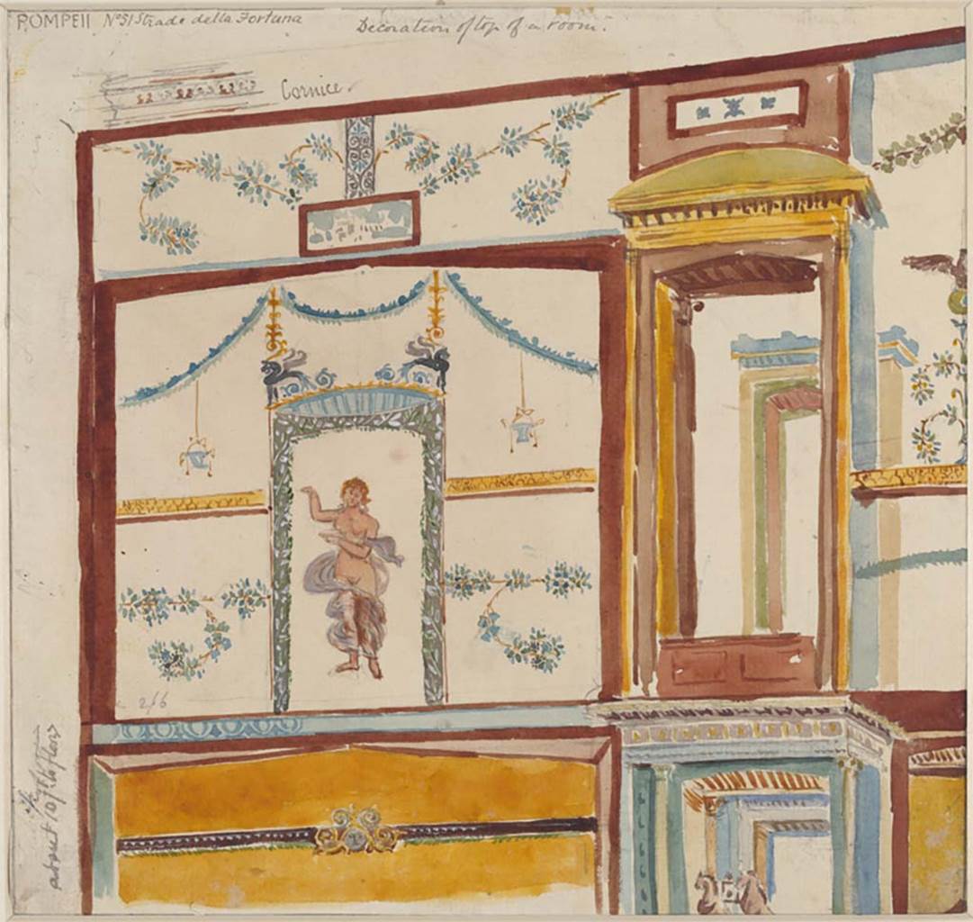 VI.12.6 Pompeii. c. March 1879. Painting by Sydney Vacher, detail from upper wall, described as from Strada della Fortuna 51.
Photo © Victoria and Albert Museum, inventory number E.4383-1910.