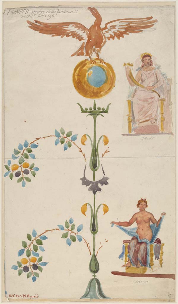 VI.12.6 Pompeii. c. March 1879. Painting by Sydney Vacher, described as from Strada della Fortuna 51, detail from upper wall.
Photo © Victoria and Albert Museum, inventory number E.4380-1910.