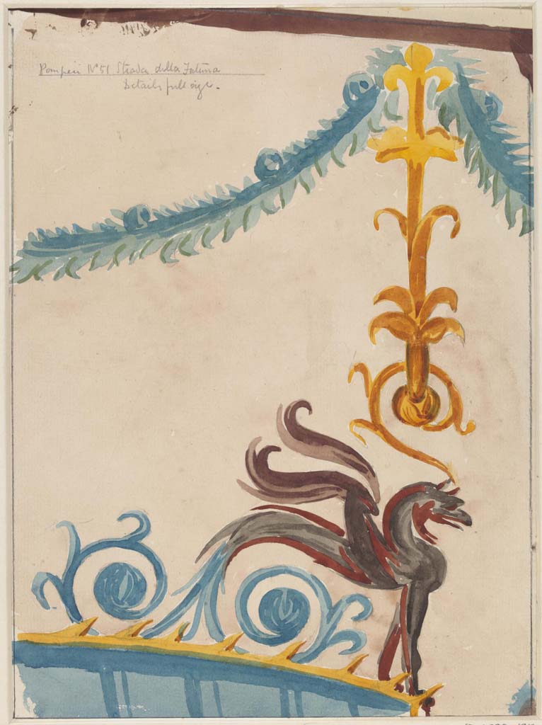 VI.12.6 Pompeii. c. March 1879.
Painting by Sydney Vacher, described as from Strada della Fortuna 51, “full size” detail from upper wall.
Photo © Victoria and Albert Museum, inventory number E.4382-1910.