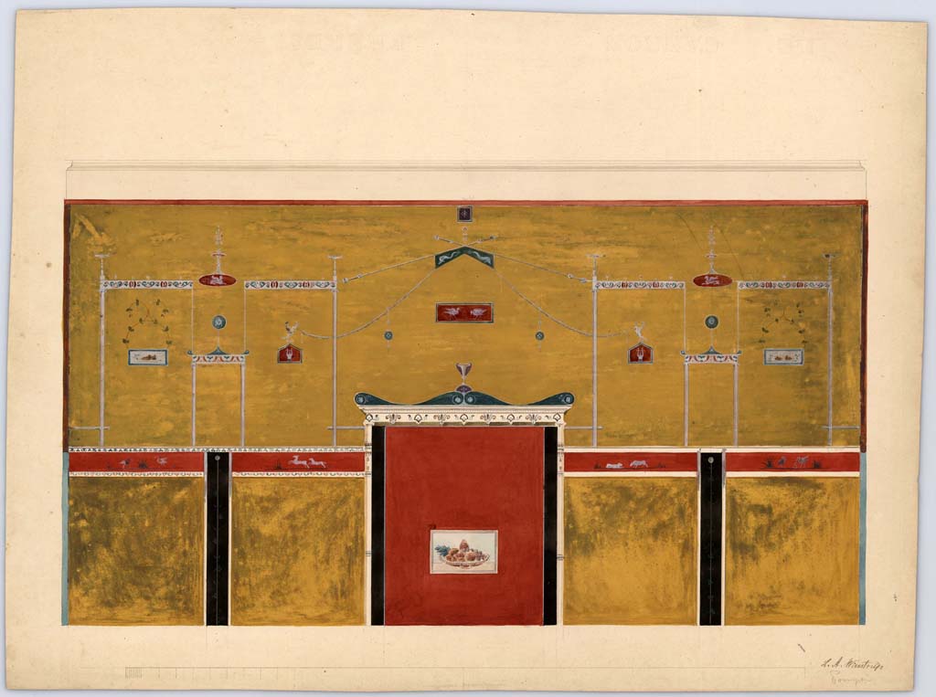 VI.13.2 Pompeii. 1849. Painting by Laurits Albert Winstrup of west wall of cubiculum, the middle room on west side of atrium.
Destroyed and demolished by 1943 bombing.
Photo © Danmarks Kunstbibliotek, inventory number ark_6189.