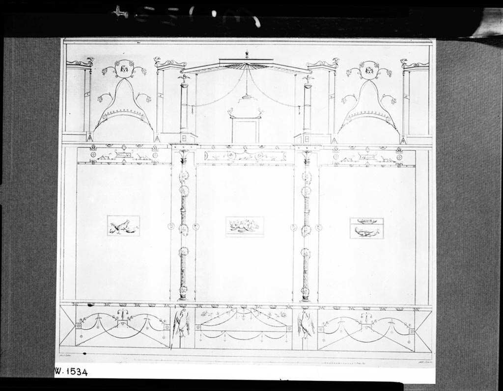 VI.13.2 Pompeii. W.1534. Drawing of east wall of tablinum, see Zahn II 86.
Photo by Tatiana Warscher. With kind permission of DAI Rome, whose copyright it remains.
The painted panel in the centre of the panel on the left showed a cock and chickens.
The painted central panel showed glass bottles, vases, etc.
The painted panel on the right showed a plate of fruits, above a chicken.
According to Breton, the tablinum was paved in mosaic, and the walls decorated with six paintings on a red background.
These showed cocks and chickens, a plate of fruits, and a beautiful group of vases, bottles or glasses, in various forms.
See Breton, Ernest. 1870. Pompeia, Guide de visite a Pompei, 3rd ed. Paris, Guerin.
