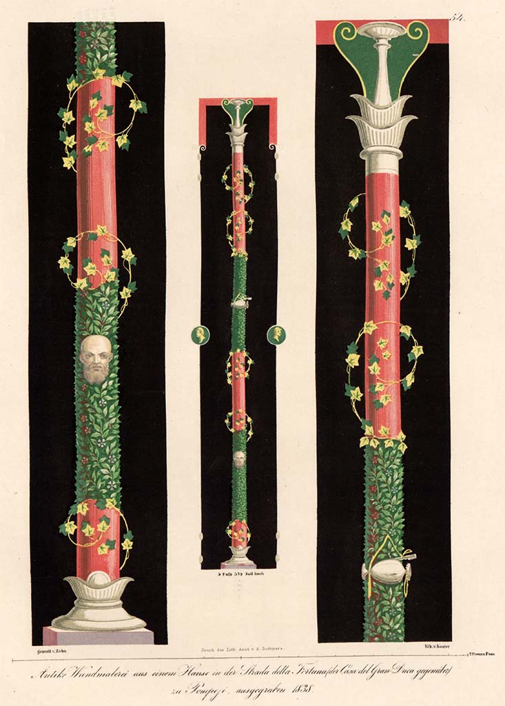 VI.13.2 Pompeii. Pre-1849. Painting by Zahn of a candelabra from the decoration of the tablinum walls.
In the centre is the complete candelabra, on the left is the detail of the lower part, on the right, the upper part.
54: Antique wall painting from House in Strada della Fortuna, opposite Casa del Gran Duca, in Pompeii, excavated 1838.
See Zahn W., 1849. Ornamente aller klassischen Kunst-Epochen nach den Originalen in ihren eigenthümlichen Farben. Berlin: Reimer, Taf. 54).