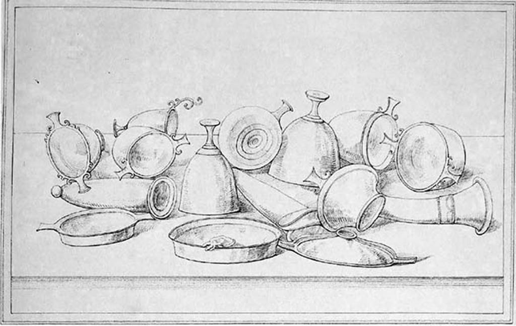 VI.13.2 Pompeii. 1837. East wall of the tablinum, central panel.
Drawing by G. Abbate of bronze vessels, including cups, plates, a flask and a drinking horn,
According to CulturaItalia, “Il disegno raffigura un corredo di recipienti metallici, probabilmente in bronzo, disposti in ordine sparso su un piano.
Si riconoscono "skyphoi", "kàntharoi", tegami, un "rhytòn"”.
The drawing depicts a set of metal containers, probably in bronze, arranged in no particular order onto a flat surface.
You can recognize "skyphoi", "kàntharoi", tegami, and a "rhytòn".
Photo courtesy of CulturaItalia and its contributors whose copyright it remains.