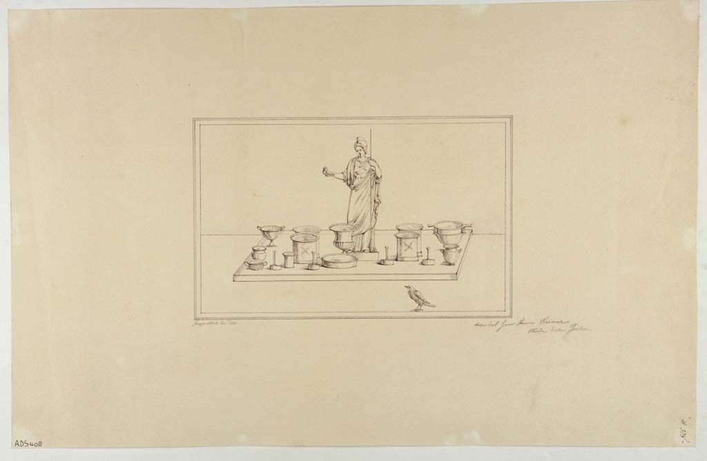 VI.13.2 Pompeii. 1837. East wall of the tablinum, central panel. Drawing by G. Abbate of drinking vessels arranged around a statue of Athena.
Now in Naples Archaeological Museum. Inventory number ADS 408.
Photo © ICCD. https://www.catalogo.beniculturali.it
Utilizzabili alle condizioni della licenza Attribuzione - Non commerciale - Condividi allo stesso modo 2.5 Italia (CC BY-NC-SA 2.5 IT)