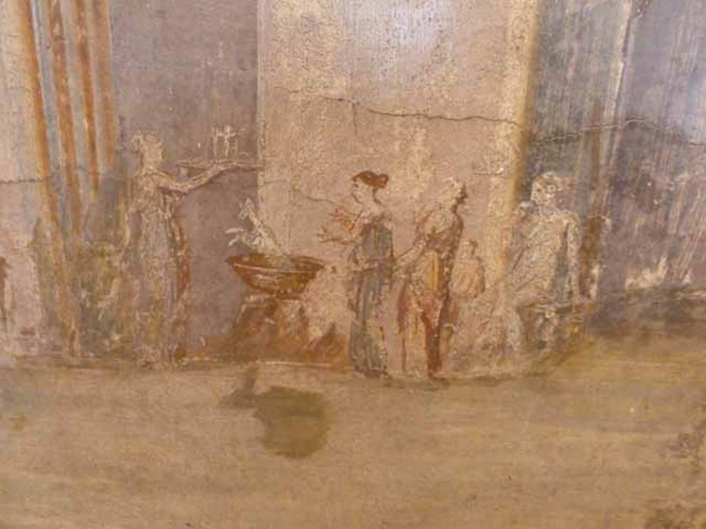 VI.13.2 Pompeii. May 2010. Detail from wall painting in summer triclinium.
Daughters of King Pelias being tricked by Medea, with a magic cauldron.
Now in Naples Archaeological Museum. Inventory number 111477.
