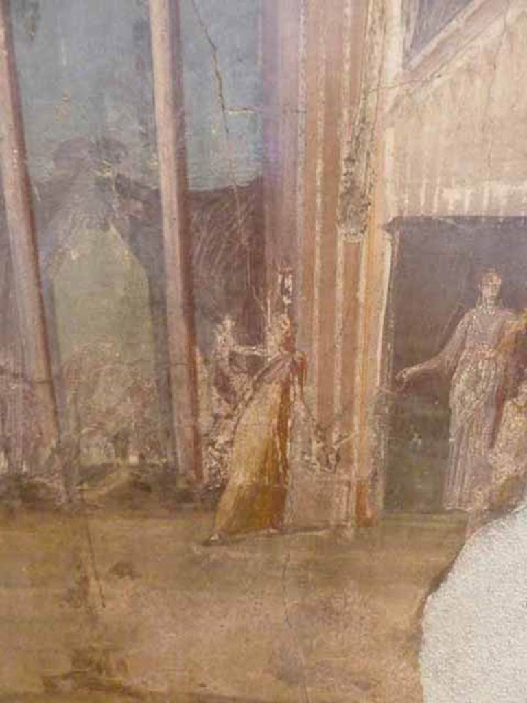 VI.13.2 Pompeii. May 2010. Detail from wall painting in summer triclinium.
An incredulous Alcestis, is keeping her own counsel. Now in Naples Archaeological Museum. Inventory number 111477.