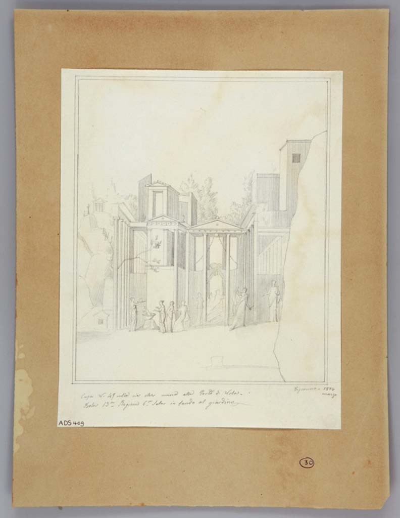 VI.13.2 Pompeii.
Drawing by Geremia Discanno, March 1847, of painting of Medea and the daughters of Pelias found in summer triclinium at rear of peristyle.
Now in Naples Archaeological Museum. Inventory number ADS 409.
Photo © ICCD. https://www.catalogo.beniculturali.it
Utilizzabili alle condizioni della licenza Attribuzione - Non commerciale - Condividi allo stesso modo 2.5 Italia (CC BY-NC-SA 2.5 IT)