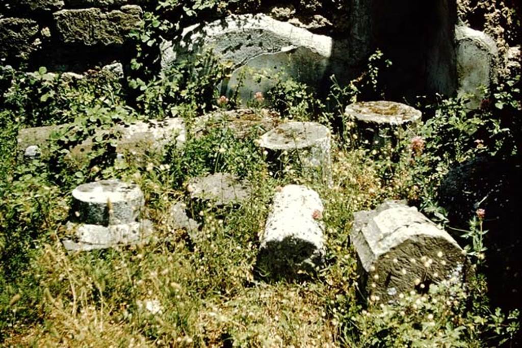 VI.13.6/8/9 Pompeii. 1957. Broken columns in peristyle area. Photo by Stanley A. Jashemski.
Source: The Wilhelmina and Stanley A. Jashemski archive in the University of Maryland Library, Special Collections (See collection page) and made available under the Creative Commons Attribution-Non Commercial License v.4. See Licence and use details.
J57f0104.