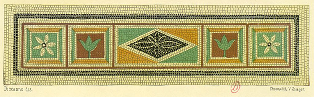VI.13.13 Pompeii. Painting by Discanno of threshold mosaic.
According to Presuhn, No.13,14,15,18 –
“a large patrician dwelling extending across the insula and having a rear door at VI.13.18.
See Presuhn, E. Pompei les dernières fouilles de 1874-75, section VI, plate IV lower.