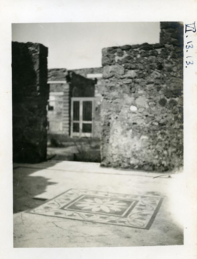 VI.13.13 Pompeii. Pre-1937-39.
Looking east across central emblema in floor of triclinium/oecus, towards doorway into atrium.
Photo courtesy of American Academy in Rome, Photographic Archive. Warsher collection no. 038.