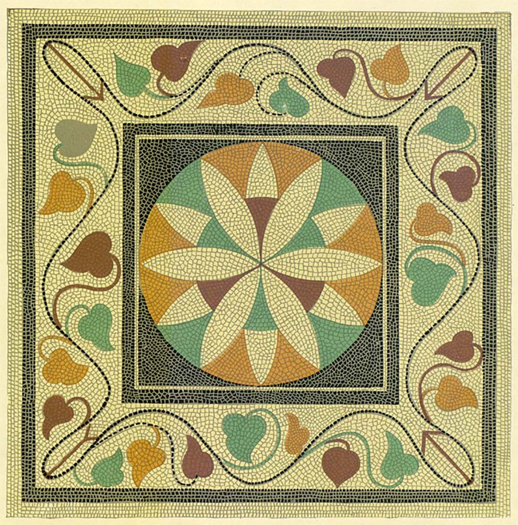 VI.13.13 Pompeii. Painting by Discanno of (above) emblema from middle of flooring in triclinium/oecus.
According to Presuhn, No.13,14,15,18 –
“a large patrician dwelling extending across the insula and having a rear door at VI.13.18.
This painting reproduces a mosaic emblema found on the floor of the oecus.
See Presuhn, E. Pompei les dernières fouilles de 1874-75, section VI, plate IV upper.