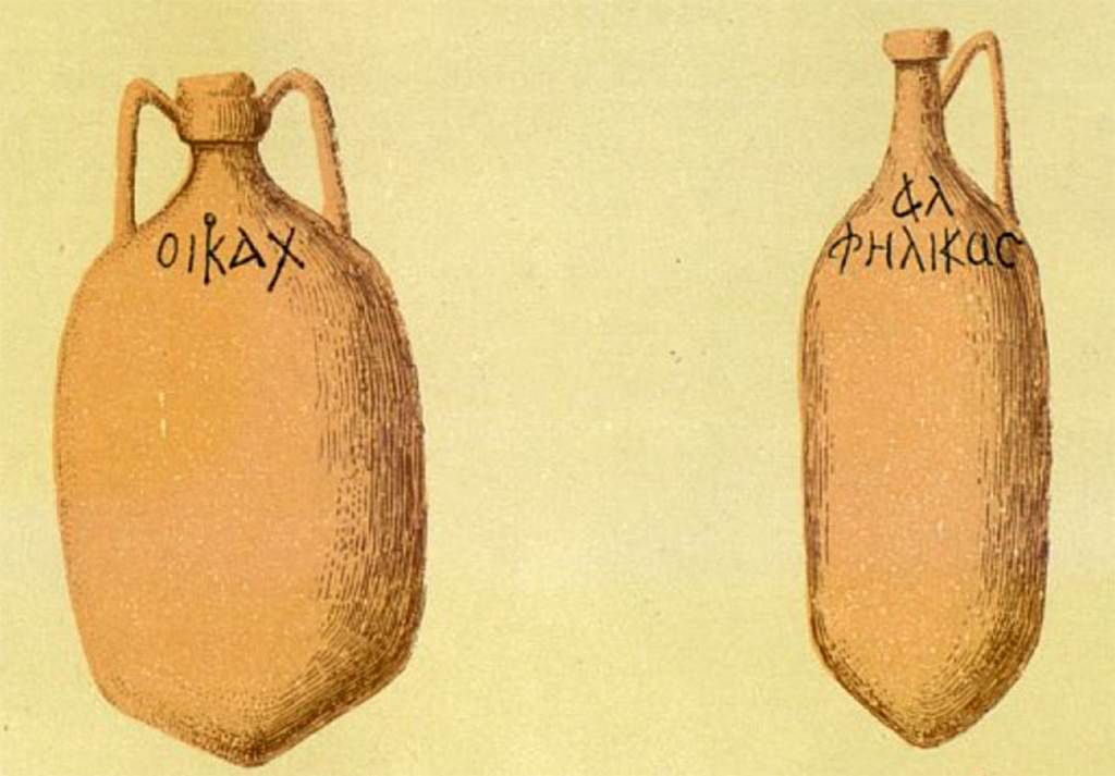 VI.13.17 Pompeii. 1874 painting by Discanno of two amphorae with their ancient labels.
The house belonged to a wine-merchant, who lived on the other side of the insula at VI.13.16, and had a bar on this side of the insula.
Many wine amphorae were found in the garden area “e”, which were interesting because of their Greek inscriptions.
Presuhn reproduced a drawing by Discanno of two of the amphorae with their ancient writing.
He suggests the names designate the owners of the different crűs of wine, “as well as nowadays they say: Marsala Florio, or Champagne Moët”.
See Presuhn, E. Pompei les derničres fouilles de 1874-75. Section VI, page 5, plate III.