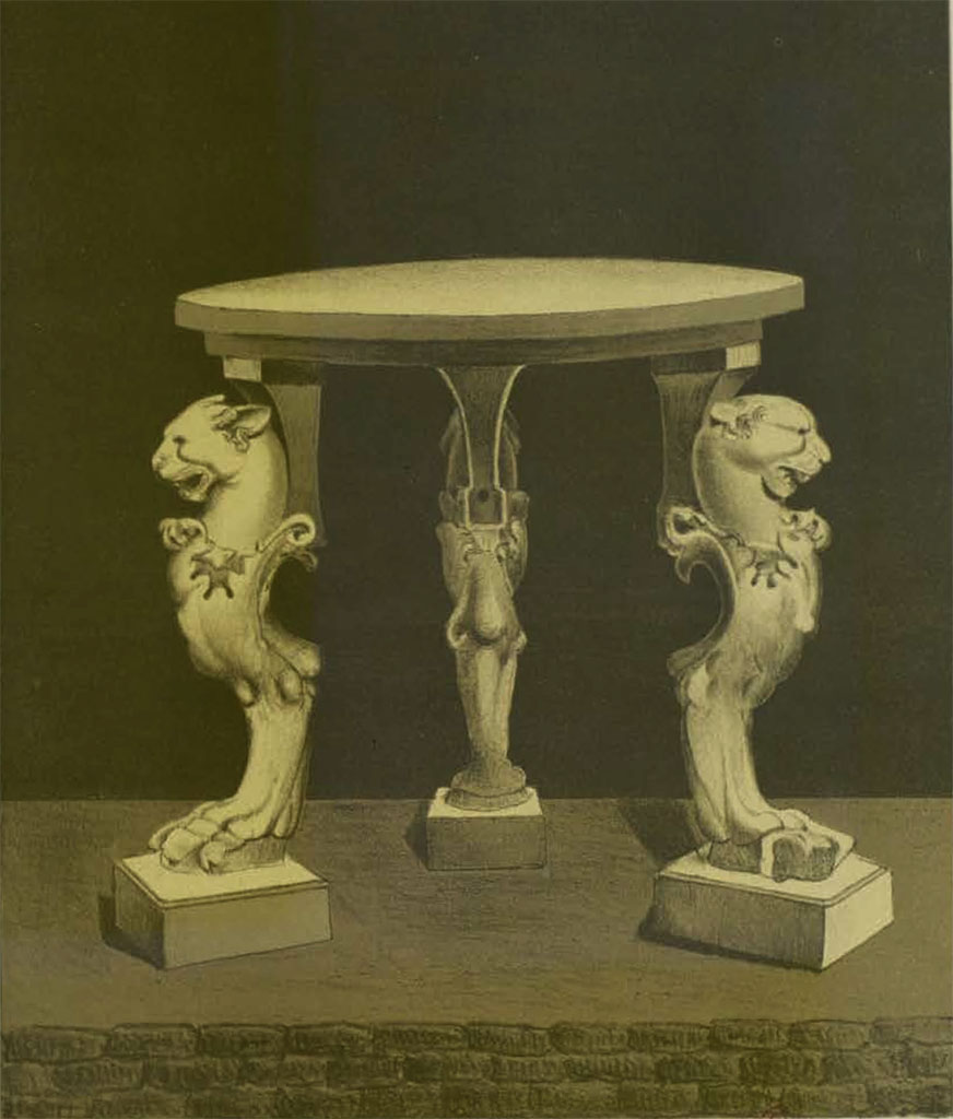 VI.13.13 Pompeii. Drawing of marble table in peristyle, “whose feet are artistically worked”.
See Presuhn, E. Pompei les dernières fouilles de 1874-75, section VI, plate V.