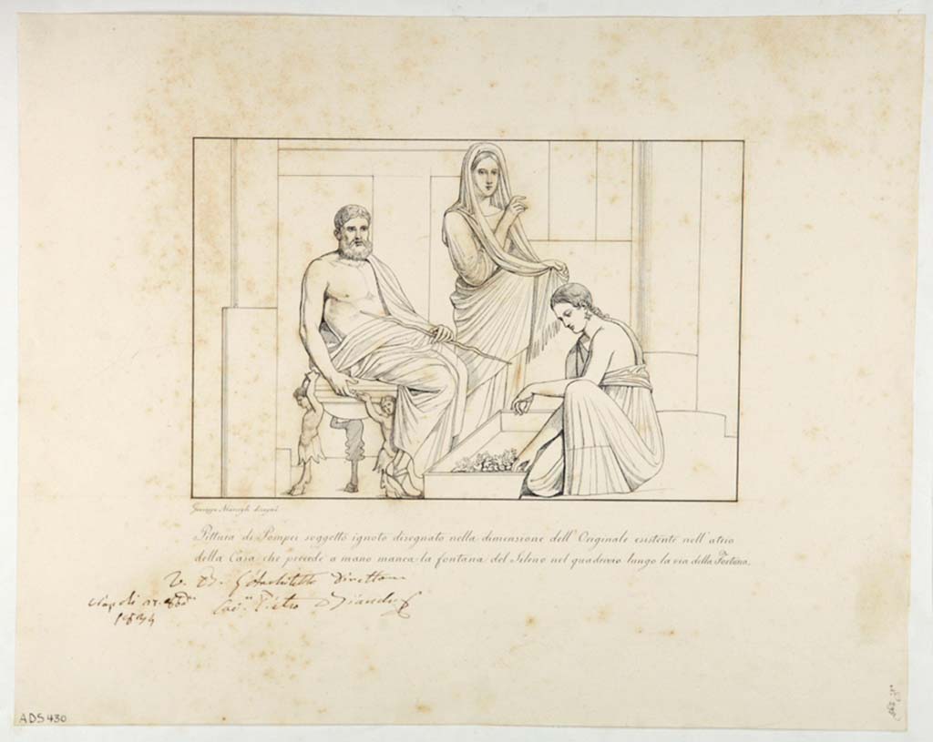 VI.14.12 Pompeii. Drawing by Giuseppe Marsigli, of a painting of an unknown subject in the atrium.
Now in Naples Archaeological Museum. Inventory number ADS 430.
Photo © ICCD. http://www.catalogo.beniculturali.it
Utilizzabili alle condizioni della licenza Attribuzione - Non commerciale - Condividi allo stesso modo 2.5 Italia (CC BY-NC-SA 2.5 IT)
