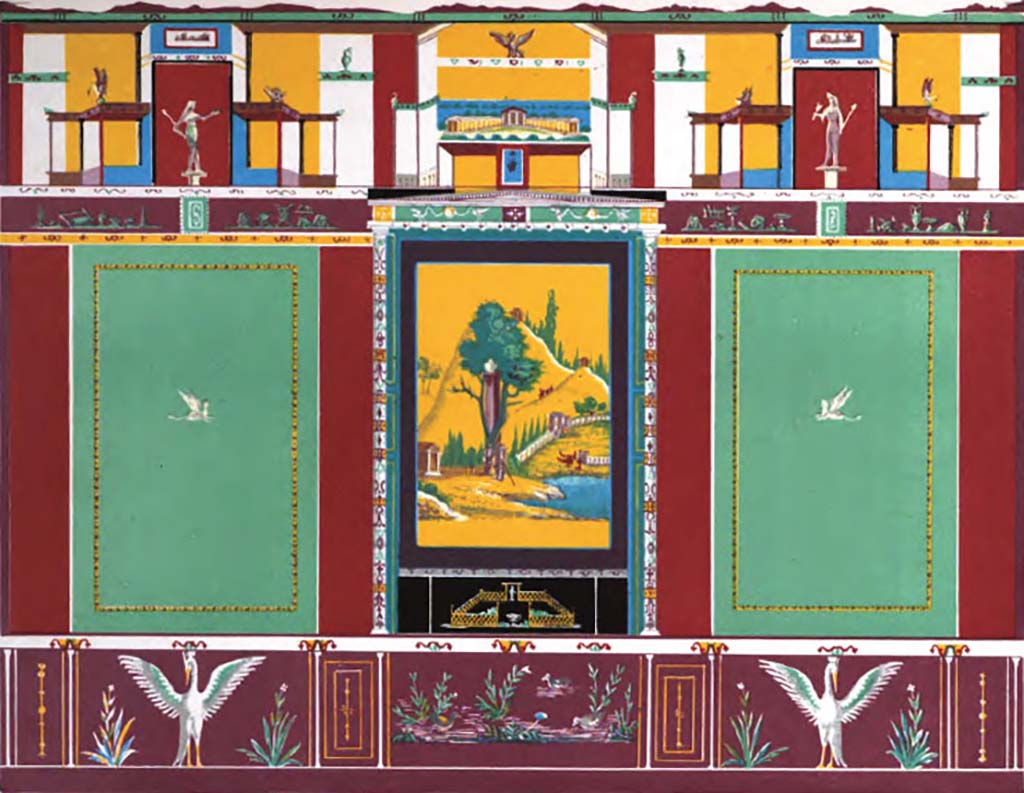 VI.14.20 Pompeii.1878. Room 10, triclinium north wall with landscape painting.
See Presuhn E., 1878. Pompeji: Die Neuesten Ausgrabungen von 1874 bis 1878. Leipzig: Weigel. (III, Plate X)