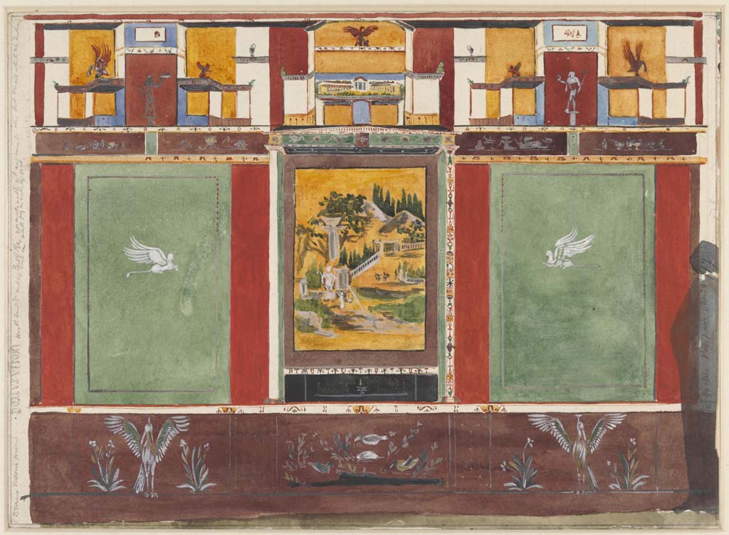 VI.14.20 Pompeii. Undated (c.1870’s) painting by Sydney Vacher of painted north wall from triclinium 10.
Photo © Victoria and Albert Museum, inventory number E.4374-1910