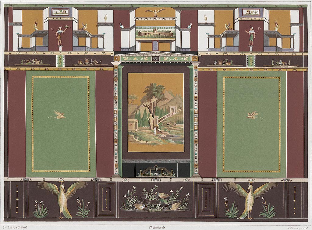 VI.14.20 Pompeii. Room 10, painting by Niccolini of triclinium north wall with landscape painting.
See Niccolini, F., 1862. Le Case ed i Monumenti di Pompei: Book 2, (Tav. LXX).
