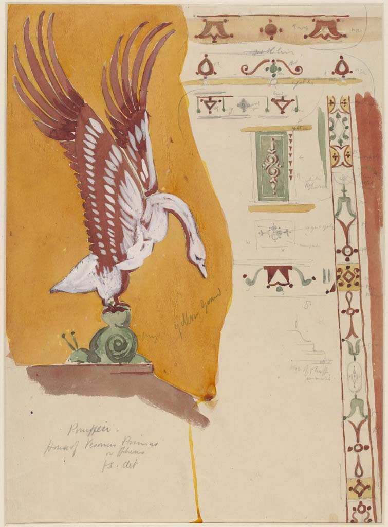 VI.14.20 Pompeii. Undated (c.1870’s) painting by Sydney Vacher of detail of painted decorations from north wall of triclinium 10.
Photo © Victoria and Albert Museum, inventory number E.4375-1910.