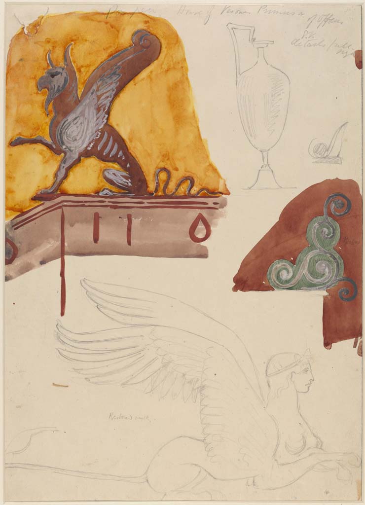 VI.14.20 Pompeii. Undated (c.1870’s) painting by Sydney Vacher of detail of painted decorations from north wall of triclinium 10.
Painting by Sydney Vacher. Photo © Victoria and Albert Museum, inventory number E.4376-1910.