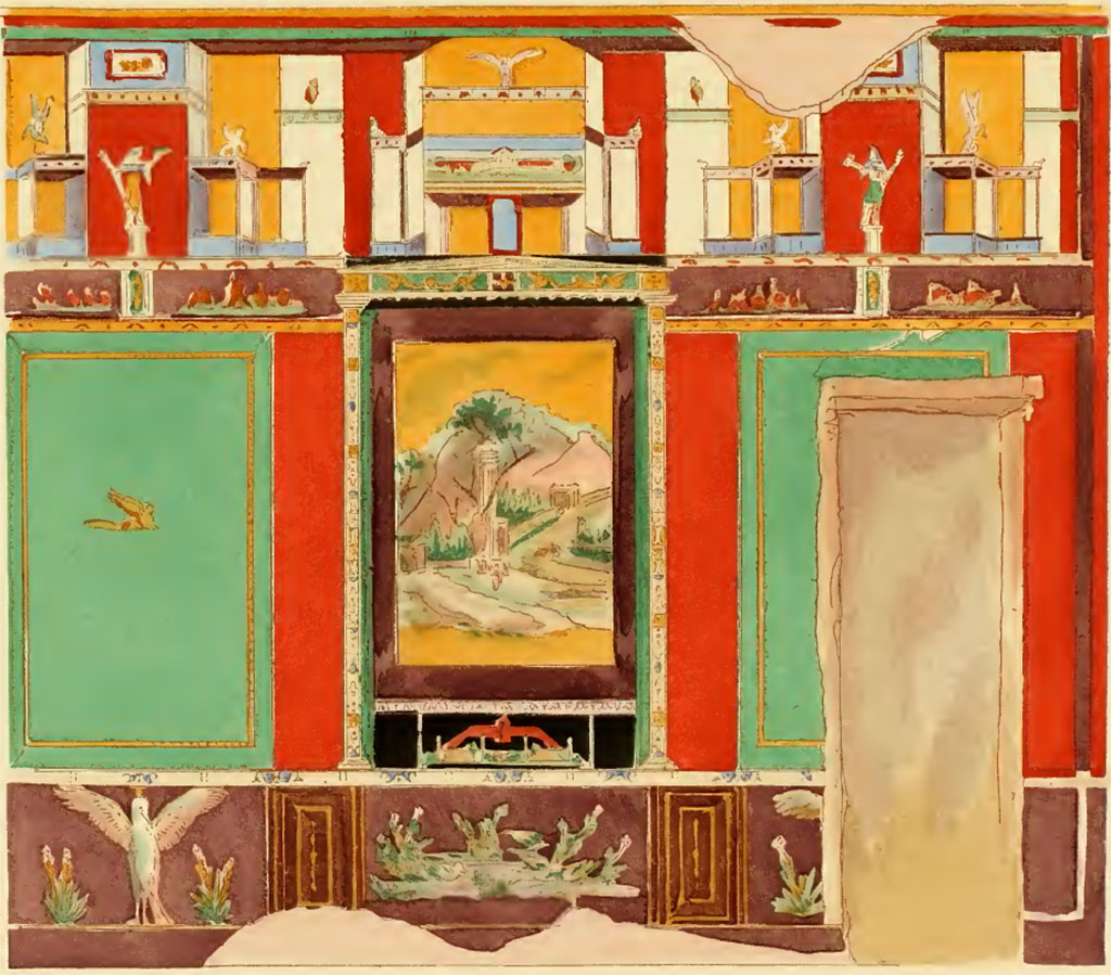 VI.14.20 Pompeii. Undated drawing by Pierre Gusman. Room 10, triclinium south wall.
(VII. Triclinium de la maison de l'Orphée ou de Vesonius Primus (Région VI, 14, 20). Style égyptisant.)
See Gusman P., 1924. La Décoration Murale de Pompei. Paris : Morancé, pl. VII.