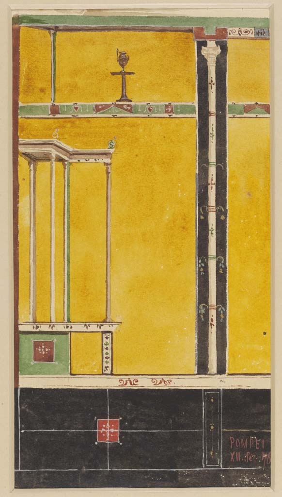 VI.14.20 Pompeii. 12th September 1876. Watercolour by Luigi Bazzani.
Room 13, detail from south wall in south-east corner.
Photo © Victoria and Albert Museum. Inventory number 2057-1900.
See Schefold, K., 1962. Vergessenes Pompeji. Bern: Francke, (Room r, taf.143).