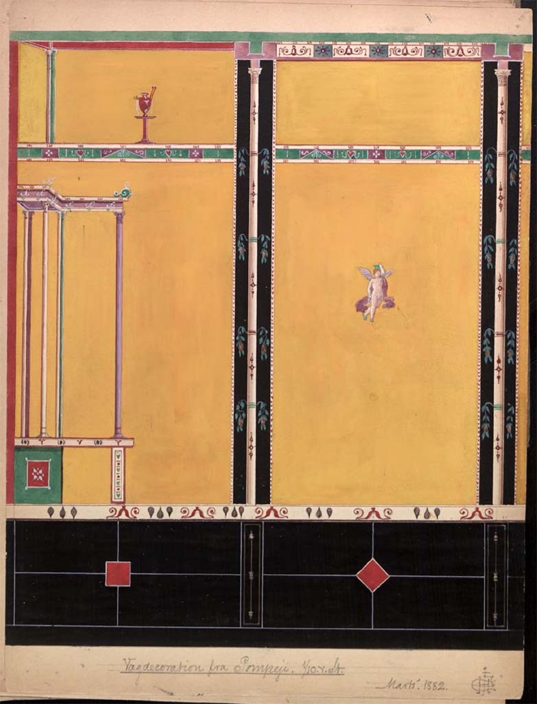 VI.14.20 Pompeii. March 1882.
Painting by Hector Estrup (1854-1904) from his Sketchbook 1882, from south wall of room 13.
Photo © Danmarks Kunstbibliotek, inventory number 52694
See Skitsebog Hector Estrup (1854-1904) Italiensrejse 1882, pl. 10.
© Danmarks Kunstbibliotek, inventory number 52694.
http://kunstbib.dk/en/collections/sketchbooks/sketchbooks/000036205