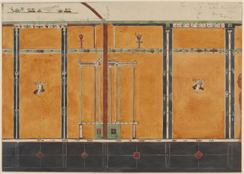 VI.14.20 Pompeii. Undated (c.1870’s) painting by Sydney Vacher showing painted decoration on south and west walls of room 13, small room/cubiculum.
Photo © Victoria and Albert Museum, inventory number E.4412-1910.