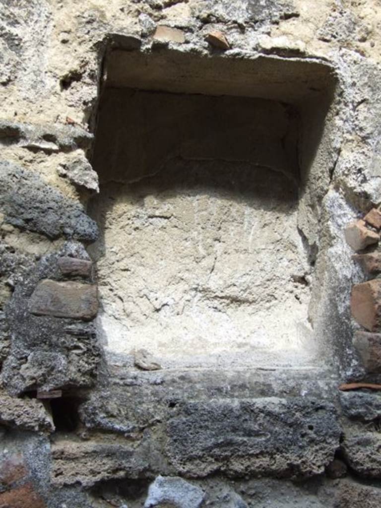 VI.14.20 Pompeii. March 2009. Room 18, niche on north wall of garden area. According to Boyce, this rectangular niche was found on the north wall of the peristyle. He added a note that said – in the fullonica connected to this house a bronze statuette of Jupiter was found. He was bearded, holding a thunderbolt in his left hand. On the base at his side stood an eagle. Giorn.Scavi, N.S., iii, 1876, 170. See Boyce G. K., 1937. Corpus of the Lararia of Pompeii. Rome: MAAR 14. (p.53, no.200)