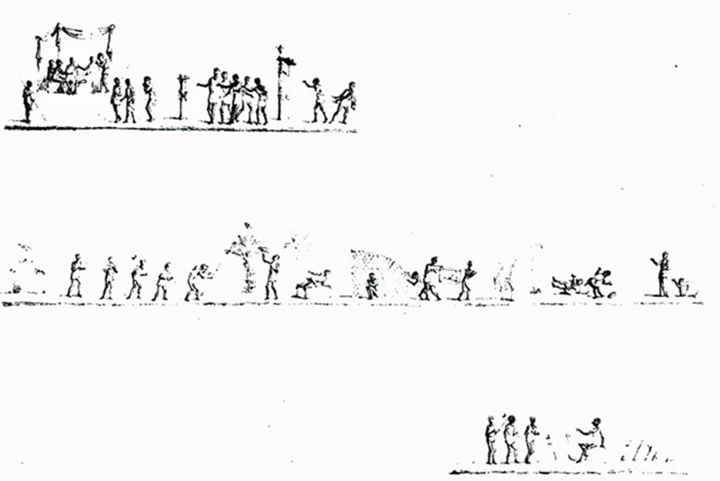 VI.14.22 Pompeii. 1874-5 drawing of paintings in room 12, on south wall of raised level.
See Giornale degli Scavi di Pompei NS3, 1875, Tav. IV.