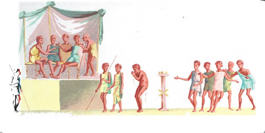 VI.14.22 Pompeii. 1878 drawing of painting of festiva in room 12, south wall of raised level. See Presuhn E., 1878. Pompeji: Die Neuesten Ausgrabungen von 1874 bis 1878. Leipzig: Weigel. (IV, Plate V)