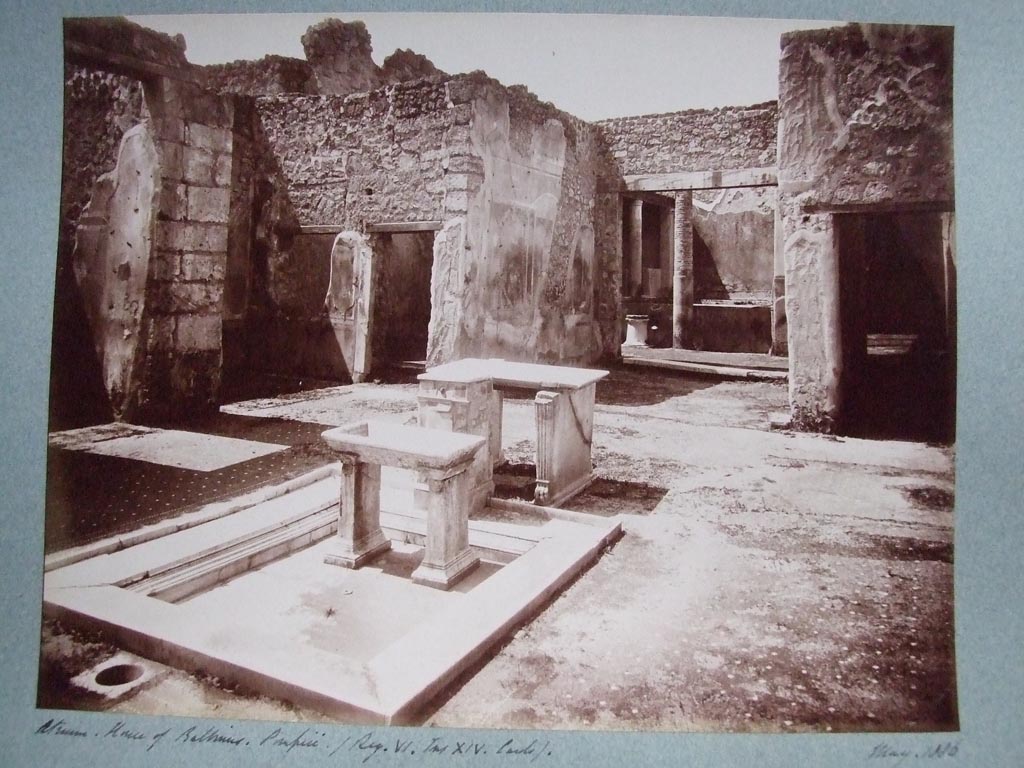 VI.14.22 Pompeii. May 1886. Atrium. Fullonica with marble impluvium, basin, table and pedestal.
Old photograph courtesy of the Society of Antiquaries, Fox Collection.