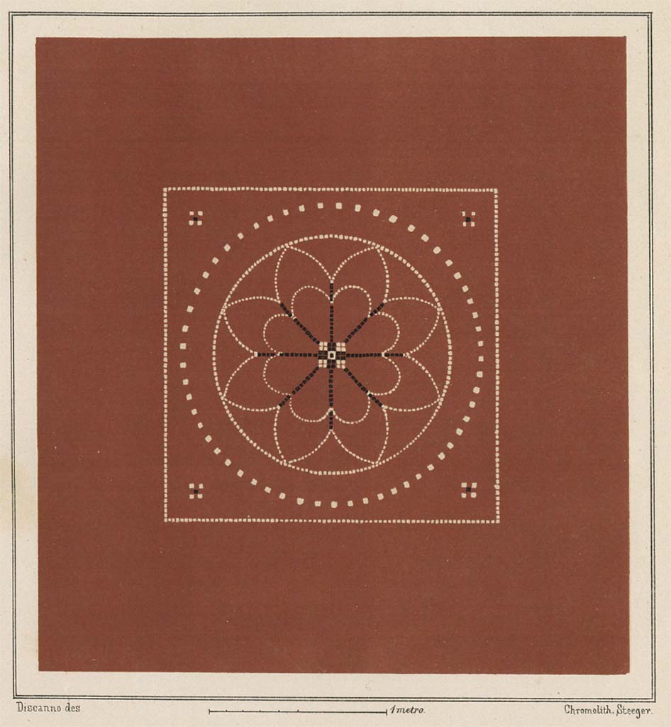 VI.14.22 Pompeii. 1878 painting of floor by Discanno, chromolithograph by Steeger.
Reproduction of flooring of cocciopesto with a floral decoration in the centre outlined with black and white tesserae.
This has now disappeared and been lost.
See Presuhn E., 1878. Pompeji: Die Neuesten Ausgrabungen von 1874 bis 1878. Leipzig: Weigel, Fasc. IV, Tav. IV.
See Carratelli, G. P., 1990-2003. Pompei Pitture e Mosaici: Vol. V. Roma: Istituto della enciclopedia italiana, (p.321, no.23).