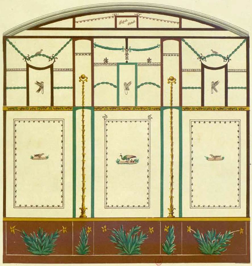 VI.14.25 Pompeii. Triclinium wall decoration, south wall as painted by Presuhn.
See Presuhn E., 1878. Pompéi : Les dernières fouilles de 1874 à 1878. Leipzig: Weigel, Section IV taf. VI.