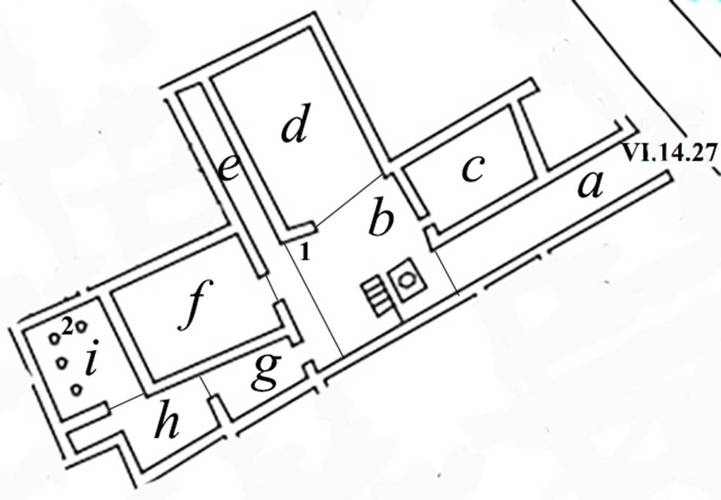 VI.14.27 Pompeii. Plan of house showing location of some of the finds.
In room “b”, at no. 1, was found
The statue of Venus Anadyomene. Now in Naples Archaeological Museum. Inventory number 110602.
In room “i”, at no. 2, were found
A marble bust of Epicurus. Now in Naples Archaeological Museum. Inventory number 110872.
A marble bust of bearded Pseudo-Seneca. Now in Naples Archaeological Museum. Inventory number 110873.
A marble herm of Dionysus. Now in Naples Archaeological Museum. Inventory number 110874.
A marble herm of a Dionysian female. Now in Naples Archaeological Museum. Inventory number 110875.
See Carrella A. et al. Marmo Pompeiana nel Museo Archeologico Nazionale di Napoli. SAP 26: 2008. Roma: L’Erma di Bretschneider, pp. 92-95.
According to Boyce, in the south wall of the small in the south-west corner, room “h” (kitchen?), was a tall rectangular niche.
Its floor projected far beyond the surface of the wall.
Boyce added the note that in the small atrium “b” the following statuettes were found –
5 in bronze, of Isis, Anubis, an old seated man, and the two Lares.
1 in marble, of Venus Anadyomene, adorned with necklace and bracelets of gold.
1 in silver, of Harpocrates leaning upon a tree trunk, with a small dog on either side of him. Inventory number 110626?
1 of terracotta, of a goddess reclining on a couch.
At least the first five of these figures are thought to have been contained in a wooden chest, the lock of which was found by excavators.
Also found were a mirror, coins and small bronze objects.
See Boyce G. K., 1937. Corpus of the Lararia of Pompeii. Rome: MAAR 14. (p. 53, no. 202)
See Giornale di Scavi, N.S. 3, 1875, p. 172.