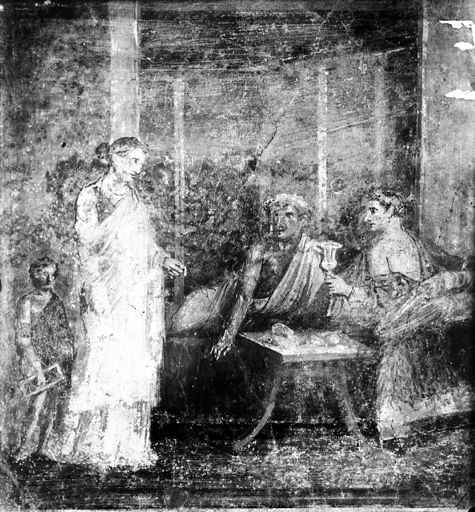 VI.14.29 Pompeii. W.78. Undated photograph of the banqueting scene.
Now in Naples Archaeological Museum. Inventory number 111209.
Photo by Tatiana Warscher. Photo © Deutsches Archäologisches Institut, Abteilung Rom, Arkiv.