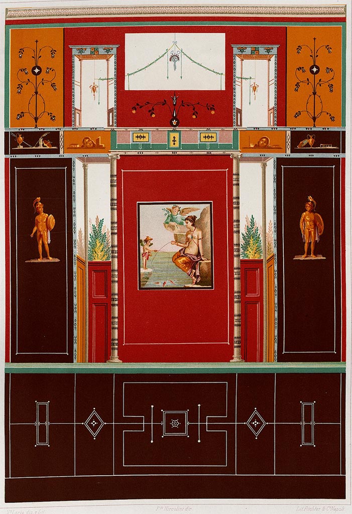 VI.14.29 Pompeii.
Painting showing north wall but with the painting of Venus fishing in centre, instead of the Banqueting Scene.
This central painting of Venus was from the north wall of VI.14.28 which has different figures in its side panels.
According to Niccolini –
This painting offers a gracious wall, whose centre was occupied by a painting showing Venus Pescatrice, one of the favourite subjects at Pompeii.
See Niccolini F, 1896. Le case ed i monumenti di Pompei: Volume Quarto. Napoli. Supplemento, tav. XXIV.