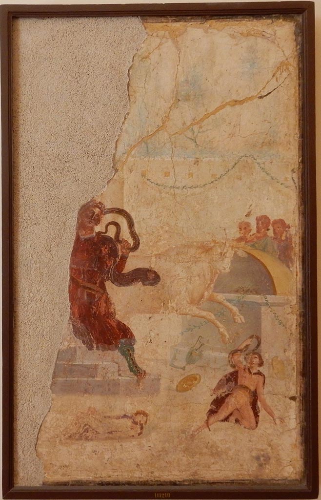 VI.14.30 Pompeii. Wall painting of the death of Laocoon and his sons, found on the south wall of the atrium.
Now in Naples Archaeological Museum. Inventory number 111210.
Photo courtesy of Buzz Ferebee.
According to Sogliano, when found this was damaged on its left side.
See Sogliano, A., 1879. Le pitture murali campane scoverte negli anni 1867-79. Napoli: (p.115, no. 581)
According to BdI, above the painting was a yellow frieze with Egyptian figures.
See Bullettino dell’Instituto di Corrispondenza Archeologica (DAIR), 1876, (p.53).