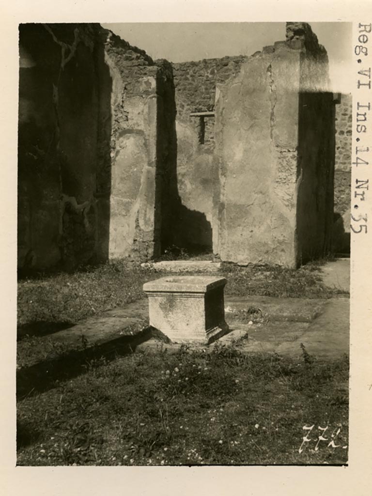 VI.14.34 Pompeii but shown as VI.14.35 on photo. Pre-1937-39.
Looking north across impluvium with puteal, towards doorway in north-west corner, and entrance corridor, on right.
Photo courtesy of American Academy in Rome, Photographic Archive. Warsher collection no. 772.