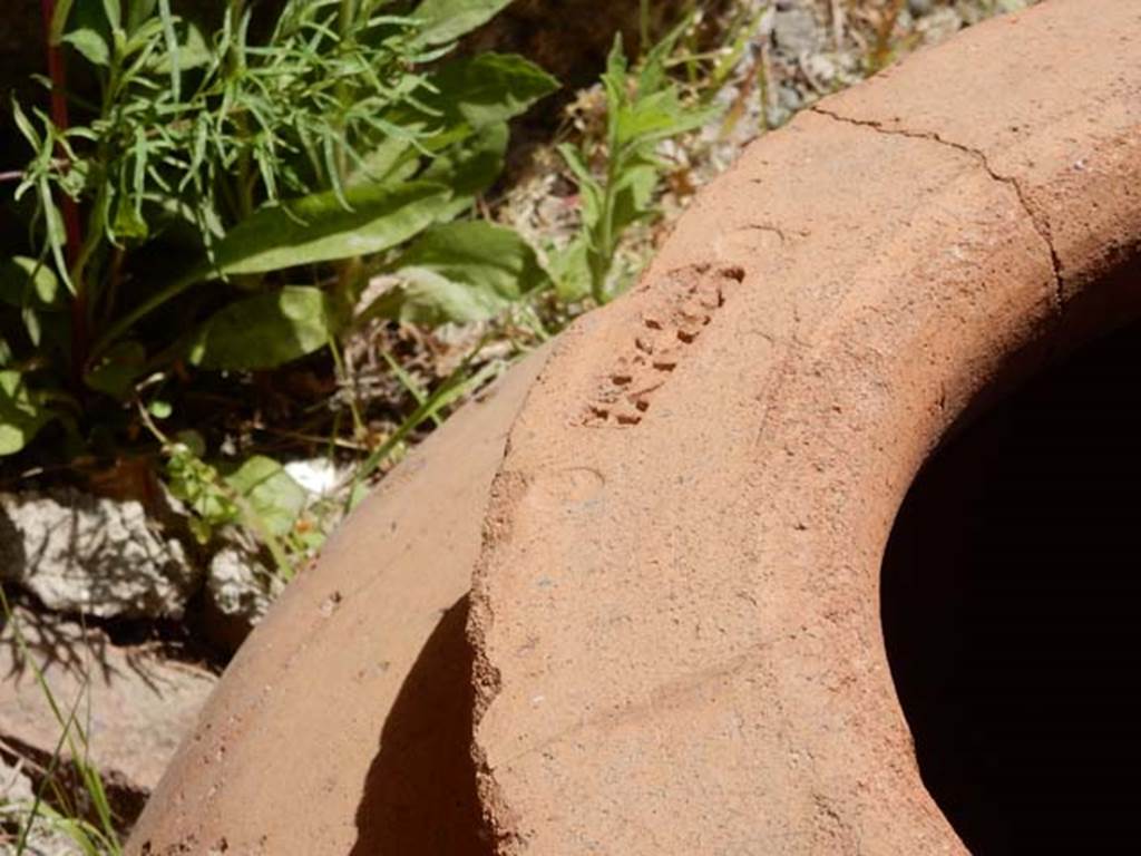 VI.14.35 Pompeii. May 2017. Embossed stamp in large terracotta pot on east side of doorway. Photo courtesy of Buzz Ferebee.