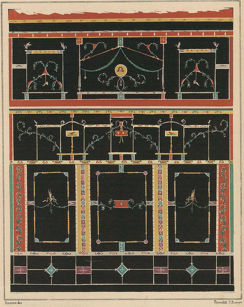 VI.14.40 Pompeii. 1878. Painting by Discanno of the black painted east wall of the large triclinium on the north side rear of the house.
See Presuhn E., 1878. Pompeji: Die Neuesten Ausgrabungen von 1874 bis 1878. Leipzig: Weigel. (Abtheilung V, plate IV, p. 6).
According to Mau, the paintings are done in the third style with a black background; as so many times, the room is divided into two parts, an antechamber and an internal part; the anteroom has the upper part of the wall divided from the middle one by a simple stucco frame, probably corresponding to the height of the decorative vault so that according to every analogy the internal part must have been covered. The special value of the wall decoration lies in the use made there of plant shoots represented with their natural colors, which, conducted in beautiful lines, with few flowers and leaves, gracefully fill the space. It seems there were no paintings.
See Bullettino dell’Instituto di Corrispondenza Archeologica (DAIR), 1877, p. 213.