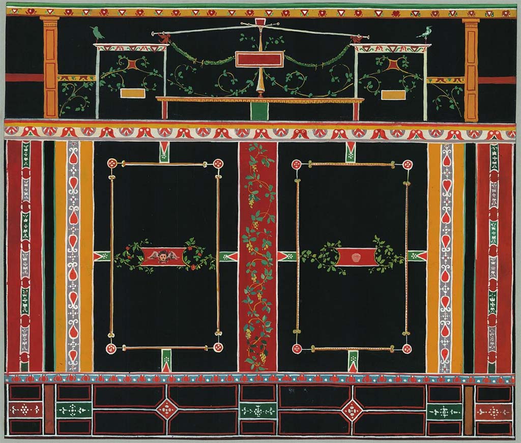 VI.14.40 Pompeii.
Painting sometime between 1834-1890 by C. E. Plitt which would seem to show a wall in the large triclinium on the north side rear of the house.
Not signed but in a folder with others numbered A-VII-34-90 to 111 with title: "Pompeji. Handmalereien von C. E. Plitt".
DAIR A-VII-34-111. Photo © Deutsches Archäologisches Institut, Abteilung Rom, Arkiv.