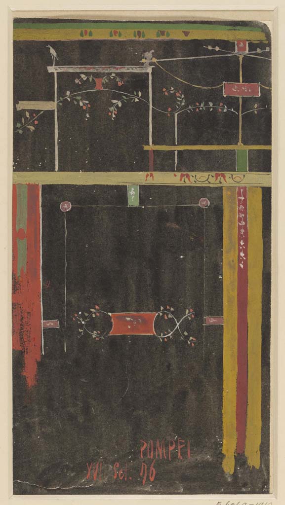 VI.14.40 Pompeii. 16th September 1876. Triclinium on the north side rear of the house?
Watercolour by Luigi Bazzani, preliminary study of painted wall-decoration.
Photo © Victoria and Albert Museum. Inventory number 2049-1900.